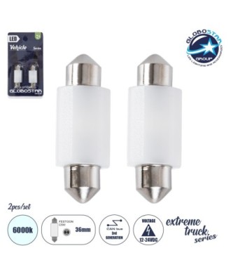 GLOBOSTAR® C5W 81333-B Σωληνωτή Λάμπα C5W 36mm CANbus LED 1.9W-3.8W 285lm-570lm 120° DC 12-24V IP20 Ψυχρό Λευκό 6000K - 2 x Epistar SMD3030 Chip - Μ3.6 x Π1.2 x Υ1cm - Πακέτο Blister 2 Τεμαχίων - 1 Χρόνο Εγγύηση